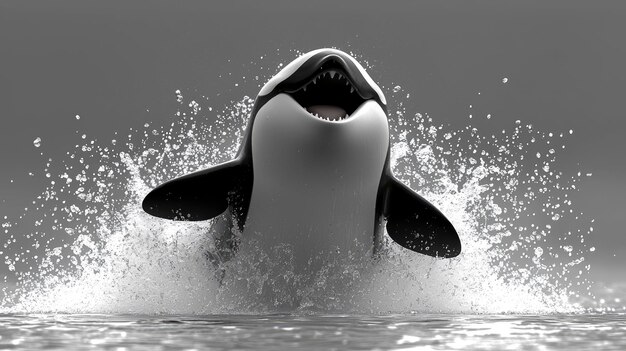 Orca Jumping Out of Water with Open Mouth and Splashing Water