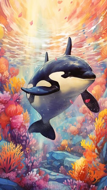 Orca killer whale swimming in coral reef illustration