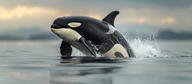 Photo orca leaping from the oceans depths