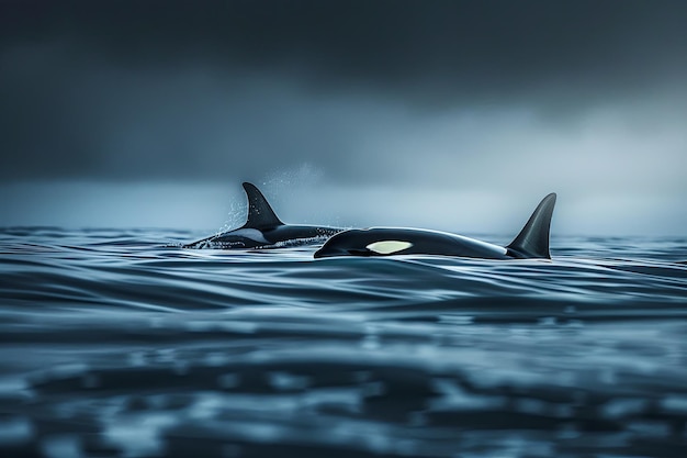 Photo orcas hunting in the foggy waters of the pacific ocean