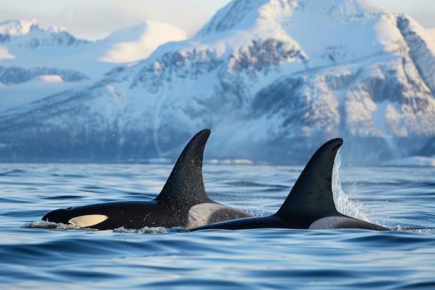 Photo orcas or killer whales hunt in the arctic sea impressive arctic mountains in the background whale watching