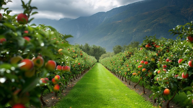 Orchard in full bloom with rows of fruit trees heavy with apples peaches or cherries offering a vibrant scene of agricultural abundance