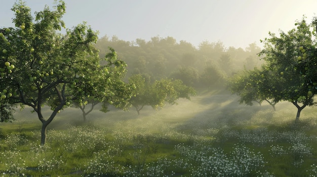 The orchard is full of lush green lemon trees The morning sun shines through the branches There is a slight mist on the ground