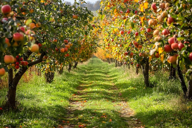 Photo orchard pathway with autumn trees and ripe fruit