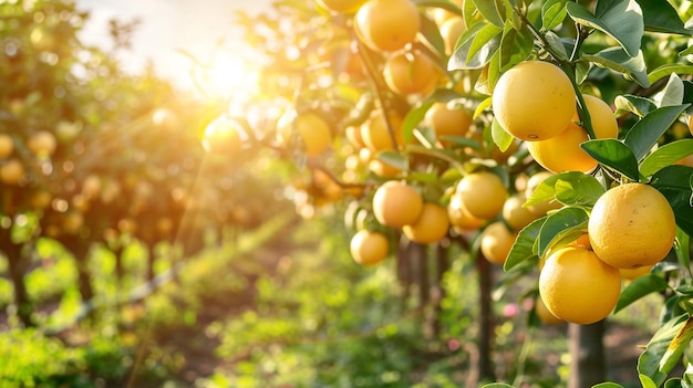 An orchard planted with yellow grapefruits fruit trees fruit basket