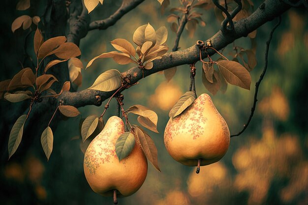 In an orchard ripe Japanese pears are hanging from trees