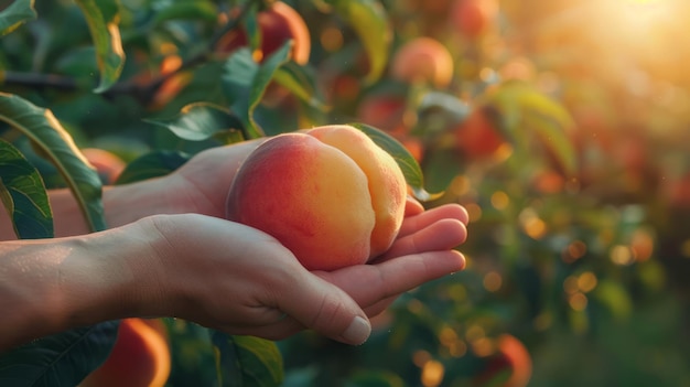 Orchard with hands holding a juicy peach freshly picked from the tree