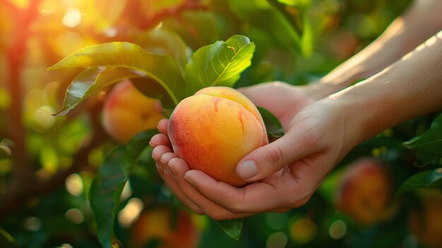 Orchard with hands holding a juicy peach freshly picked from the tree