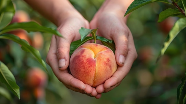 Orchard with hands holding a juicy peach freshly picked from the tree