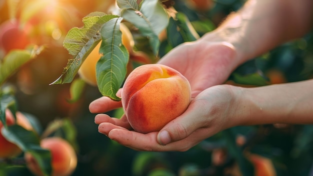 Orchard with hands holding a juicy peach freshly picked from the tree