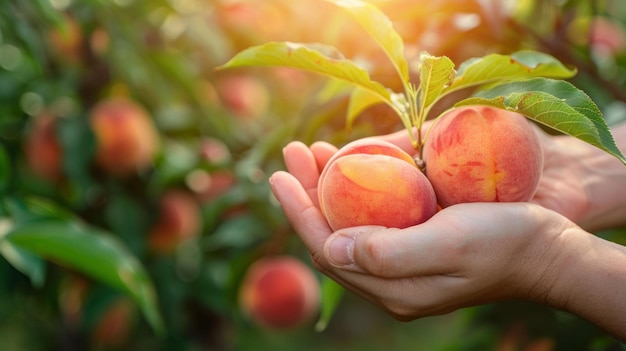 Orchard with hands holding a juicy peach freshly picked from the tree