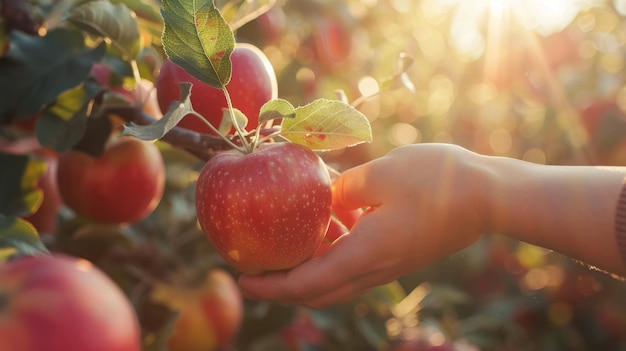 Orchard with people picking ripe apples from a tree