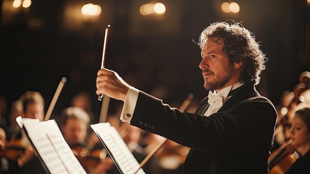 Photo an orchestra conductor captured midmotion his baton leading the musicians through a complex piece the intensity of the performance reflected in the faces of the orchestra members