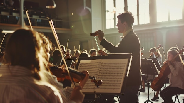 An orchestra conductor leading musicians in a sunlit rehearsal space filled with the harmonious atmosphere of classical music