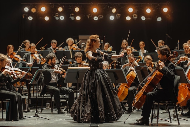 Photo orchestra members in black dresses and musicians in black outfits generative ai