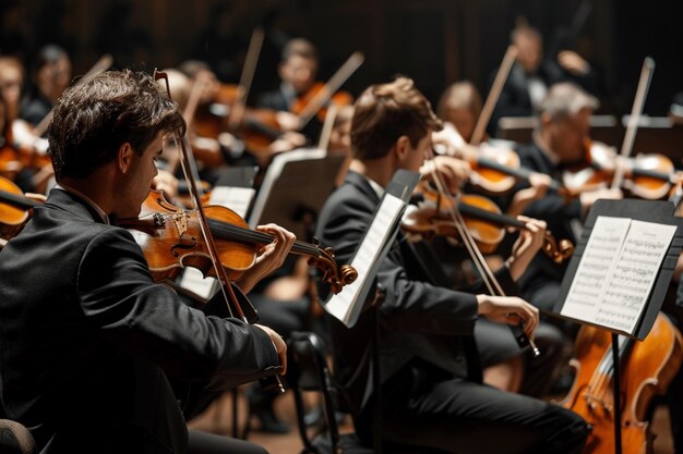 Photo orchestra members in black suits playing music with instruments generative ai