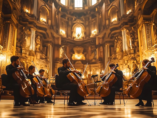 a orchestra with a band playing in front of a large ornate ceiling