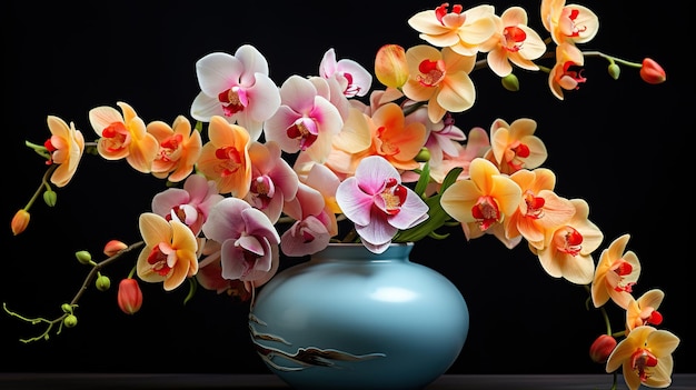 Orchid flowers in a colorful vase on a black background generative ai