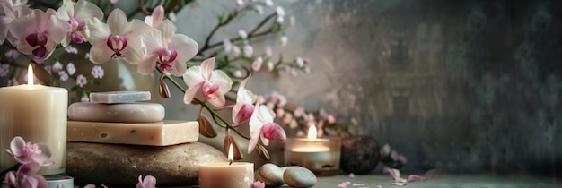 Orchid flowers soap bars candles arrangement showcasing natural spa product