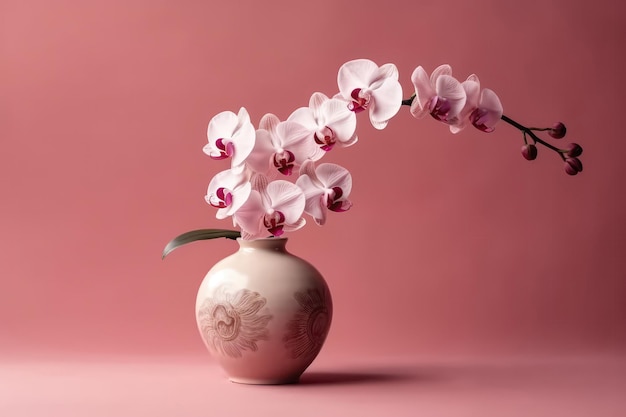 Orchid Flowers In Vase On Pastel Pink Color Background Generative AI