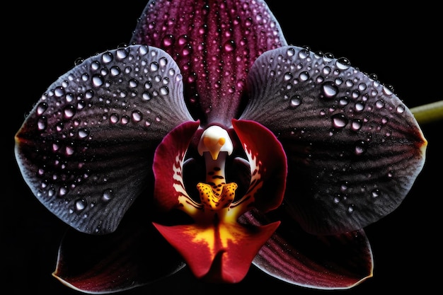 An orchid with a black background and a purple flower with a drop of water on it.