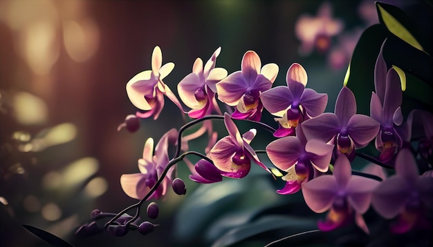 Orchids on a branch with the sun shining on them