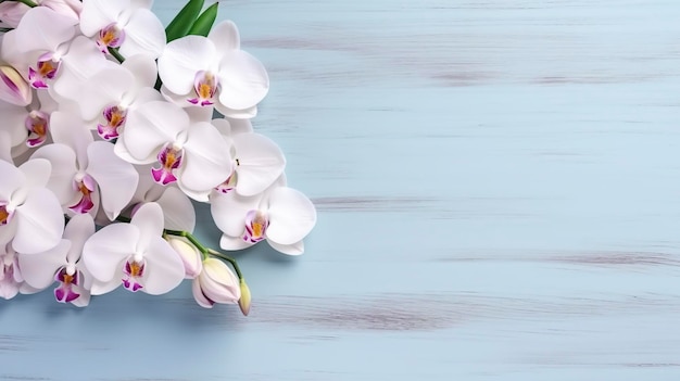 Orchids on a wooden table top view and copy space Generative AI