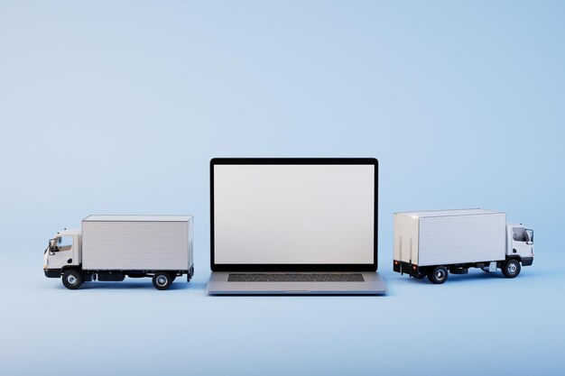 Order parcel delivery online open laptop and trucks for parcel delivery 3D render