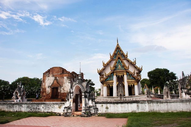 Ordination hall or antique old ubosot for thai travelers people travel visit respect praying blessing buddha wish myth at Wat Yai Chom Prasat temple in Tha Chin at Tha Chalom in Samut Sakhon Thailand