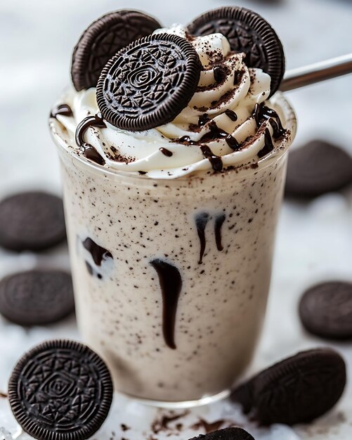 Photo oreo cookies and cream milkshake in a glass with a spoon