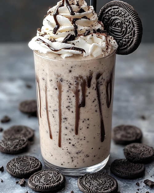 Photo oreo cookies and whipped cream in a glass of milkshake