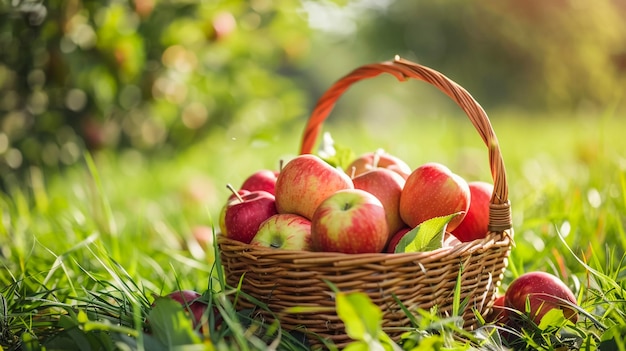 Organic apples in basket amidst summer grass Fresh apples in natural setting