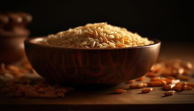 Organic basmati rice in wooden bowl a healthy food staple generated by AI