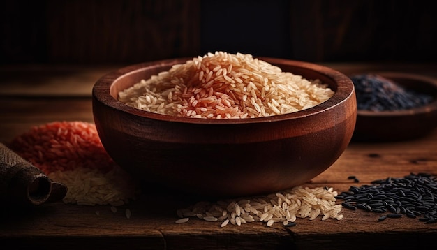 Organic basmati rice in wooden bowl a healthy food staple generated by AI