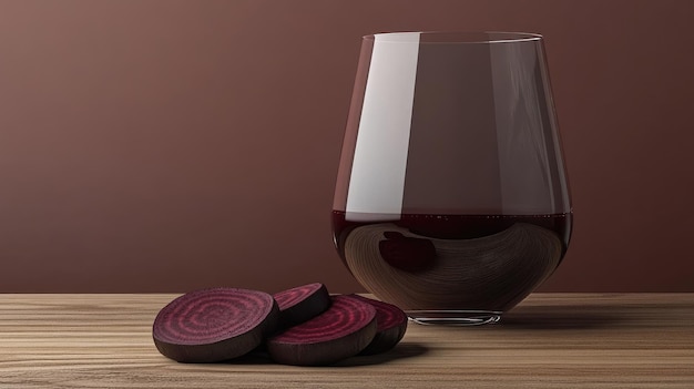 Organic beetroot juice in a glass vivid red color sliced beet on a wooden table