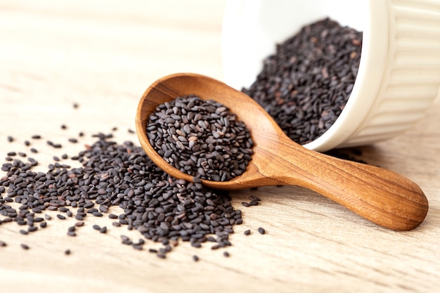 Organic Black  sesame seeds in a wooden spoon ,healthy food