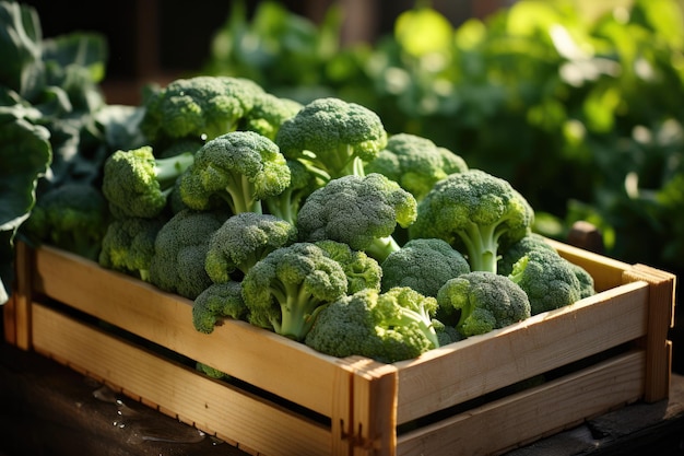 Organic broccoli in a wooden box Generative AI