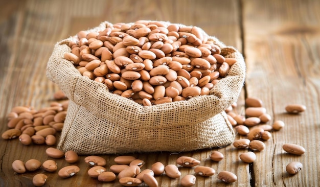 Organic brown beans in burlap sack on wooden table