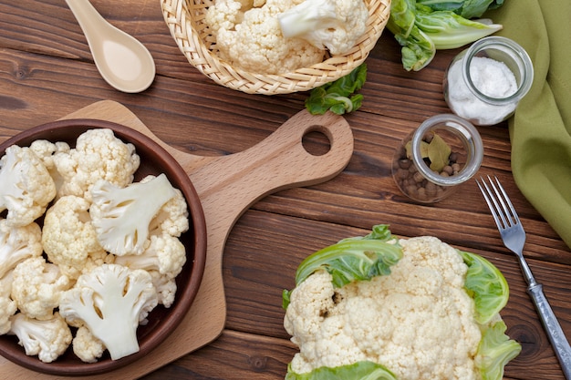 Organic cauliflower on wooden surface