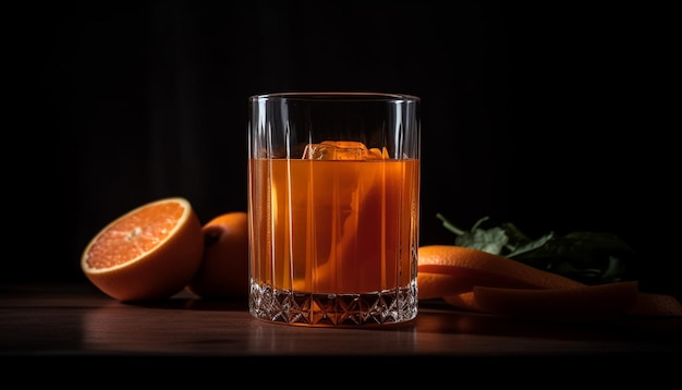 Organic citrus cocktail on wooden table reflects nature generated by artificial intelligence