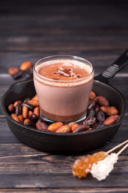 Organic cocoa beans and hot cocoa drink horizontal