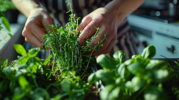 Organic cooking at home preparing a vegan meal with garden herbs