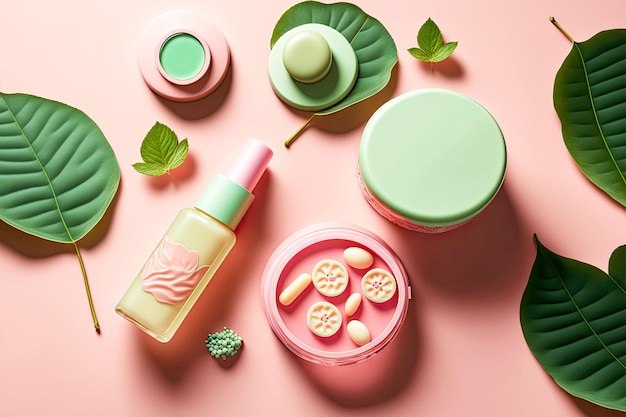 Organic cosmetics with avocado spa products flatlay on pink background