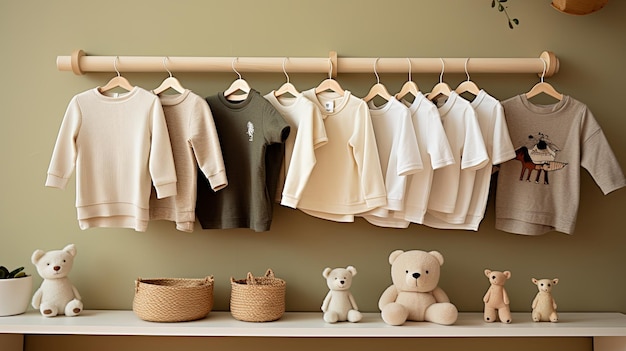 organic cotton baby clothes on hangers accompanied by soft toys and woven baskets