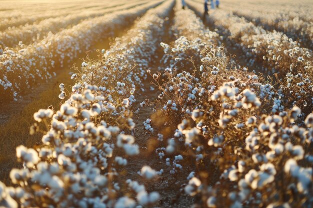 Photo organic cotton fields with workers harvesting by hand