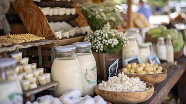 Photo organic dairy products at farmers market fresh milk cheese and local goods display