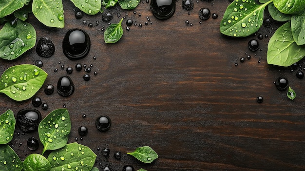 Organic dark leafy greens kale and spinach water droplets rustic wooden board