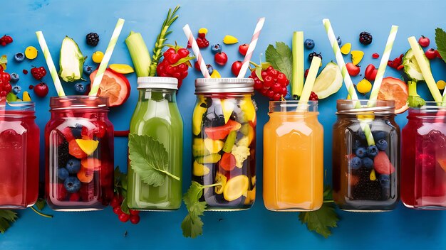 Organic detox drinks with berries fruits and vegetables in jars and bottles with straws isolated on blue