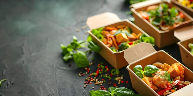 Photo organic dining at home enjoy ecofriendly takeout food in paper containers concept ecofriendly dining paper container takeout organic food sustainable eating home dining