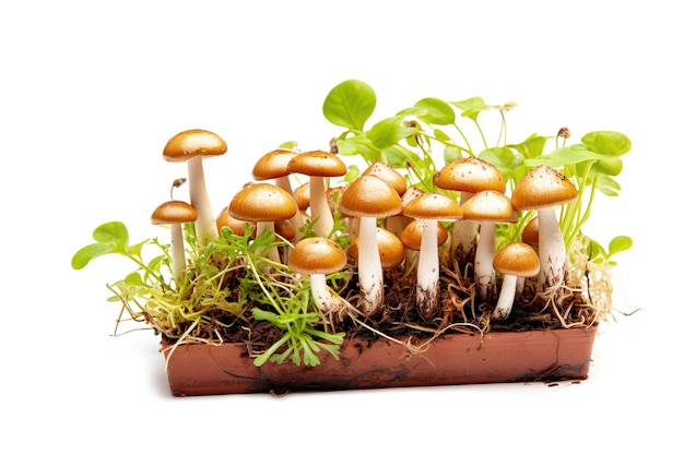 Organic edible mushrooms growing in container on white background Mushrooms cultivation